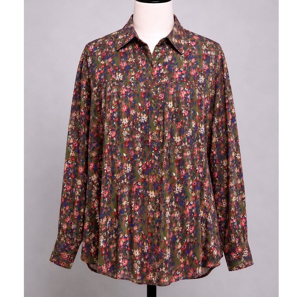 Velvet Heart Los Angeles Boho Floral Button Down Shirt Olive Pink Multi Large